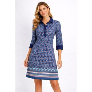 Cabana Life Women’s Dress Medium Blue Geometric  3/4 Sleeve Polo Neck Stretch